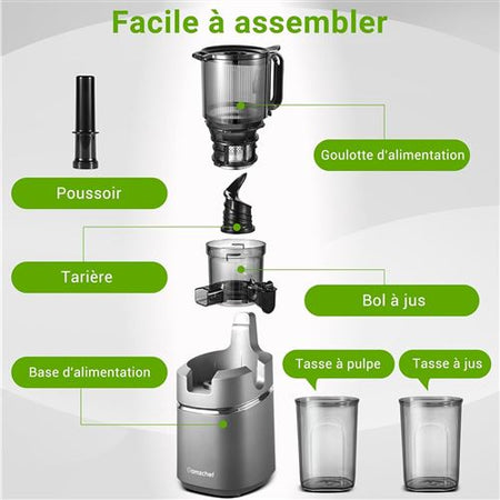 AMZCHEF Extracteur de jus Sans Préparation Extracteur Jus Lent 135mm 1,8 L Slow Juicer 250W sans BPA Gris