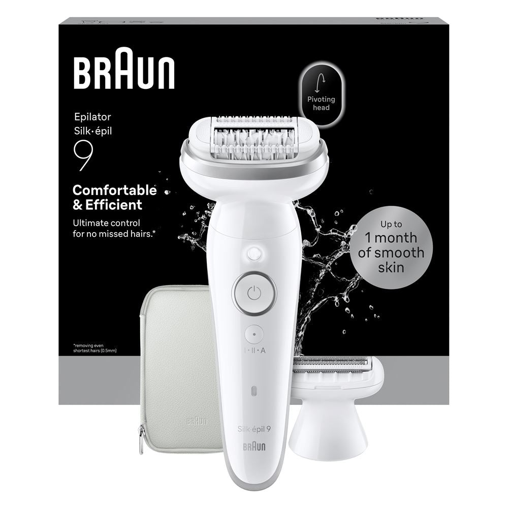Braun Silk-épil 9 SES9-030 Épilateur électrique rechargeable étanche 40 pincettes lumière Smart Touch blanc argent usage femme