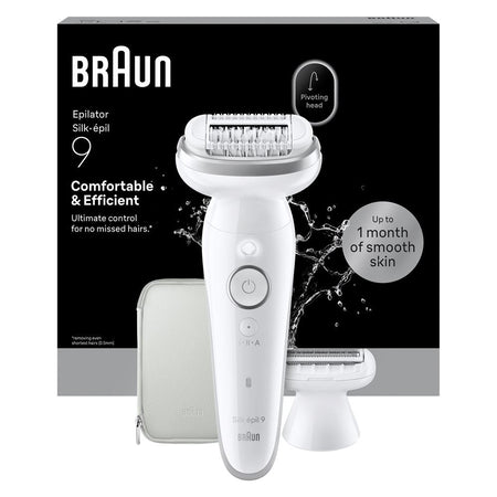 Braun Silk-épil 9 SES9-030 Épilateur électrique rechargeable étanche 40 pincettes lumière Smart Touch blanc argent usage femme